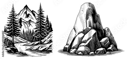 Black and white engraved landscape featuring pine trees, snow capped mountains, riverbank, and jagged boulders, vector illustration, rustic wilderness scene.