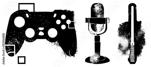 Gaming controller with buttons, vintage microphone on stand, lightsaber with textured hilt, all in halftone style, vector graphics, isolated.
