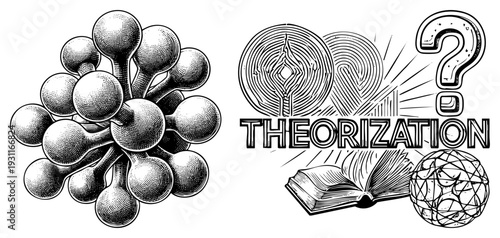 concept design featuring maze, question mark, book, and sphere, symbolizing theory, inquiry, and knowledge. Academic, philosophical, research oriented visual.