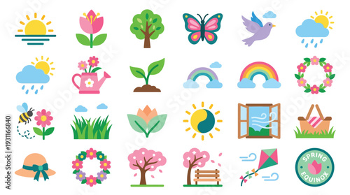 A vibrant collection of spring-themed icons featuring weather, plants, animals, and outdoor activities, perfect for seasonal design projects.