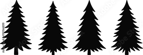 Pine tree silhouettes set isolated on white background, evergreen forest fir collection in black vector illustration design