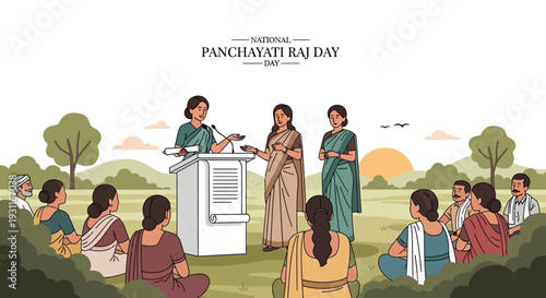 Illustration of people gathered in a rural setting celebrating National Panchayati Raj Day with a presentation at a podium.