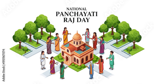 Illustration of people gathered around a Gram Panchayat building on National Panchayati Raj Day, symbolizing rural governance and decentralization in India with a vibrant and informative