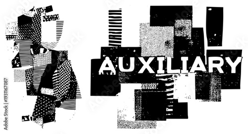 Bold text "AUXILIARY" embedded in collage of halftone, geometric shapes, and graphic textures, vector design, modern stencil aesthetic.