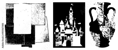 Black and white halftone vector graphics featuring abstract blocks,, ancient amphora all isolated flat design elements with textured dot.