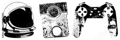 Retro gamepad, space helmet, ancient stone relic, black and white halftone, stylized vector, gaming and sci fi elements.