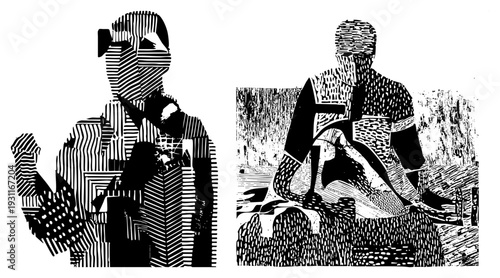 Two stylized human silhouettes rendered with intricate textures, graphic design, halftone inspired, abstract art, vector illustration.