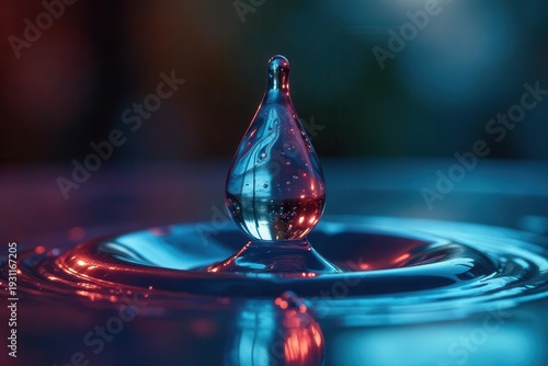A single drop of liquid impacting a still surface, creating vibrant concentric ripples under dramatic two-tone lighting.