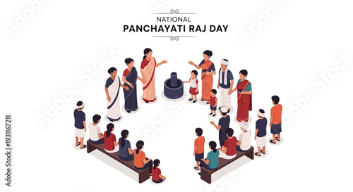 Illustration of diverse people gathered in a circle for National Panchayati Raj Day, symbolizing rural governance and community development in India with vibrant colors.