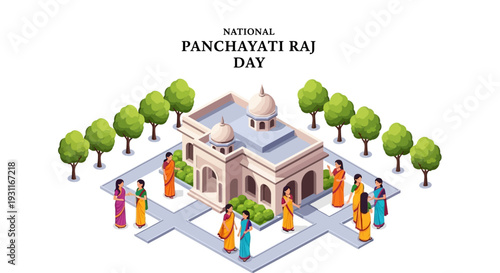 Isometric illustration of people gathered around a traditional Indian building on National Panchayati Raj Day, celebrating rural governance and democracy in India with vibrant colors and