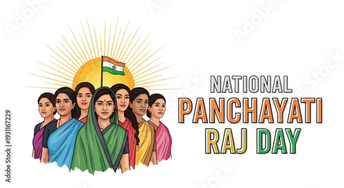 Illustration of diverse group of people celebrating National Panchayati Raj Day with Indian flag and vibrant colors, symbolizing rural governance and democracy in India.