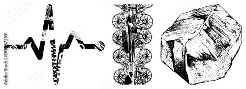 Stylized ECG waveform fused with typography, vertical gear assembly, mechanical art, black and white vector, industrial design, graphic texture.