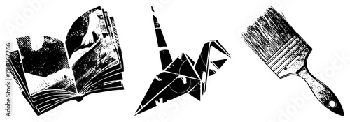Vintage style halftone illustrations of an open book, paper crane, and paintbrush, rendered in bold black and white with textured shading. Ideal for creative, artistic, or educational themes.