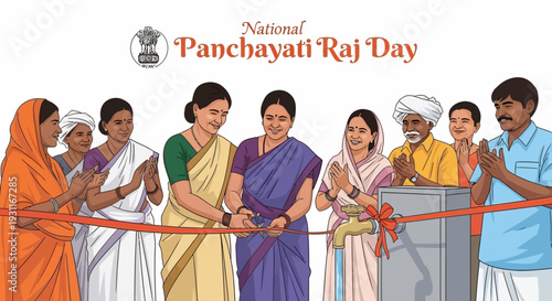 Illustration of diverse Indian people in traditional clothing cutting a red ribbon with a podium in a graphic design celebrating National Panchayati Raj Day in India.