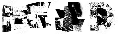 Bold fragmented letters with halftone grain, abstract typography, digital glitch art, graphic design element, distressed letterforms.