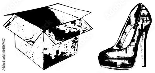 Black and white vector graphic of open shipping box and stiletto shoe, halftone texture, isolated foreground, fashion retail, e commerce packaging, graphic design asset.