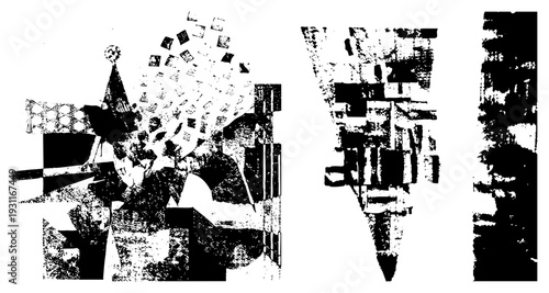 Fragmented black and white graphic with halftone textures, angular shapes, and abstract, vector art, digital collage, minimalist design.