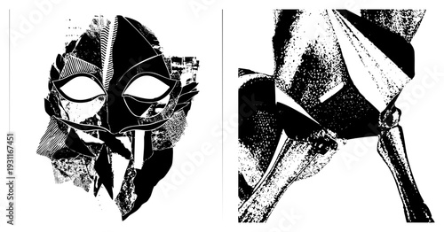 Fragmented mask art with stylized eyes and jagged contours, halftone texture, graphic design, vector illustration, artistic expression.