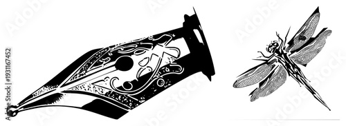 Stylized pen nib with engraving, elegant dragonfly with halftone wings, black and white vector art, artistic ink illustration.