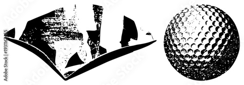 Stylized golf ball and book rendered in gritty halftone, vector design, graphic symbols, artistic typography, isolated elements, book and golf theme.