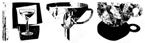 Retro cocktail glass and coffee mug silhouettes with distressed textures, halftone, and bold, perfect for vintage branding or beverage ads.