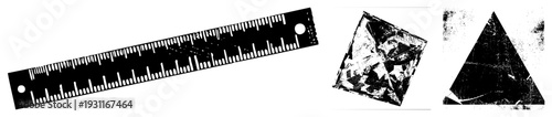 Vector illustration of ruler, fractured diamond, and triangular prism with gritty textures, isolated design elements, technical drafting tools, graphic design assets.