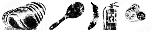 Black and white halftone graphic set sliced bread, wooden spoon, banana, fire extinguisher, quail eggs in bowl. Stylized food and safety for design use.