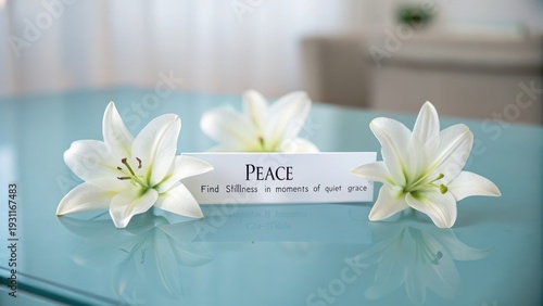 Peace message with white lilies on glass table