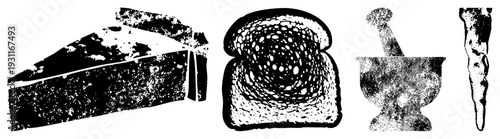 Vintage halftone style food items cheese wedge, bread slice, mortar pestle, ice pick stylized black and white vector with grainy texture.