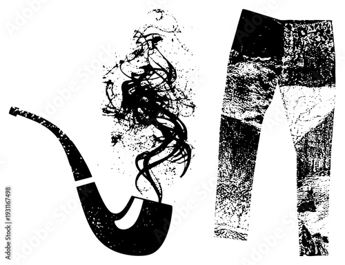 Smoking pipe emitting swirling smoke, halftone leggings with abstract, vector illustration, black and white graphic, artistic apparel design, fashion vector, stylized smoking motif.