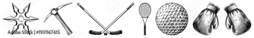 Classic engraved sports equipment including ninja star, pickaxe, hockey sticks, tennis racket, golf ball, and boxing gloves all rendered in detailed art with textured shading.