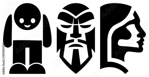 Vector of robot, warrior mask, and side profile head, stylized flat shapes, design, graphic symbols, isolated.