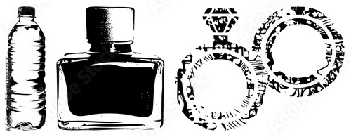 Black and white halftone vector art of a water bottle, ink bottle, and decorative rings, isolated graphic elements, minimalist design, artistic print style.
