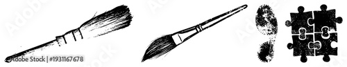 Hand drawn art brushes with bristles, ink stained fingerprint, jigsaw puzzle pieces, vector illustration, creative tools.