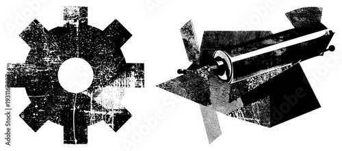 Textured gear and mechanical shaft vector illustration, halftone mechanical, industrial design elements, stylized machinery, technical diagram components.