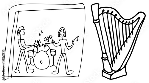 Two stylized musicians performing, drummer with cymbals and snare, harpist with strings, musical notes floating, minimalist drawing, performance art.