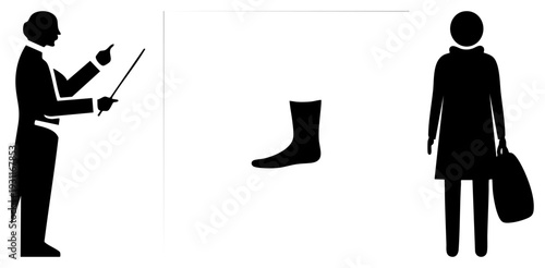 Black silhouette of conductor with baton, isolated sock, woman with bag, minimalist vector set, stylized human figures.