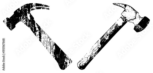 Two classic hand tools with worn textures, claw hammer and ball peen hammer, isolated vector graphics for DIY or industrial use, black and white stencil style.
