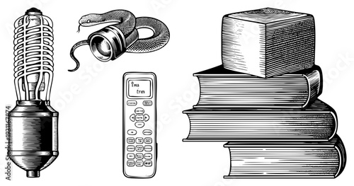 Hand drawn ink sketch of a coiled snake around a flashlight, a spiral CFL bulb, a TV remote, and stacked books with wood grain texture, rendered in halftone style.