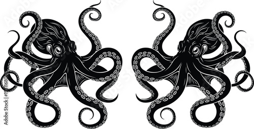 Symmetrical black octopus vector illustration, mirror image cephalopod silhouette with curly tentacles, nautical sea creature graphic isolated on white background