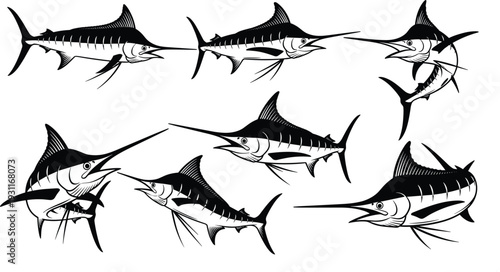 Swordfish silhouettes vector illustration, marine life, ocean species, aquatic wildlife, elongated bill, streamlined body, fins, underwater design, nature, art