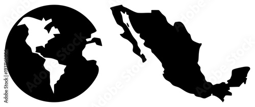 Black silhouette of Earth globe showing Americas, paired with Mexico map, international relations, geographic focus, travel destination.