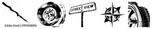 Retro road sign reading “STREET VIEW” paired with compass rose and tire, vector art, urban navigation symbols, travel theme.