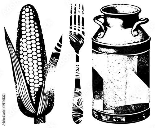 Classic black and white halftone illustrations of corn on the cob, eating utensil, and milk jug, rustic farm kitchen, vintage food, retro graphic design.