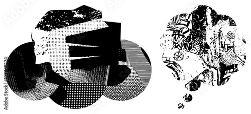 Black and white vector composition of fragmented shapes using halftone, stipple, and, graphic art, abstract design, digital illustration.