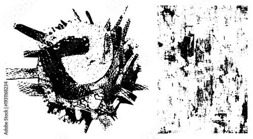 Graphic design burst featuring halftone dots and grunge texture, abstract composition, vector art, isolated design element, stylized explosion, aesthetic.