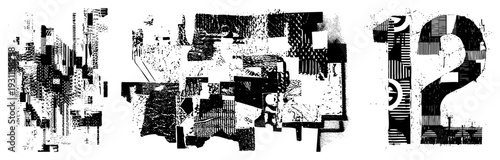 Fragmented black and white graphic design with halftone textures, geometric shapes, and fragmented typography, ideal for modern art or digital backgrounds.