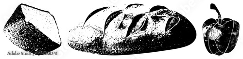 Vector halftone bread loaf with slashes, sliced bread, bell pepper with stem, black and white dotted texture, food graphic design.