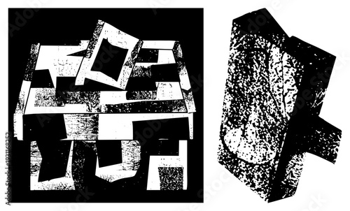 Stylized fragmented blocks with halftone grain, abstract composition, graphic design element, vector art, textured geometry.
