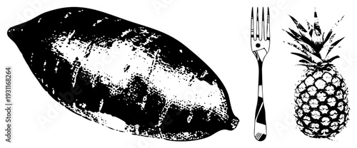 Stylized fruit and cutlery set rendered in halftone texture, includes, fork, lemon, graphic design elements, aesthetic.